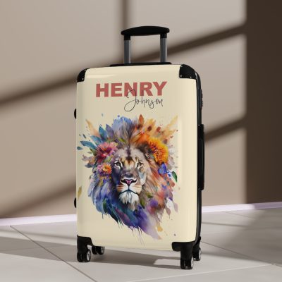 Floral Lion Custom Suitcase - Roar with elegance and personalize your journey with a captivating floral lion design, a perfect blend of strength and blossoms.