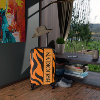 Tiger Print Custom Suitcase - Unleash personalized style with a unique and wild tiger print design for a sophisticated travel experience.