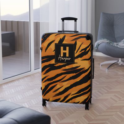 Tiger Print Custom Suitcase - Unleash personalized style with a unique and wild tiger print design for a sophisticated travel experience.