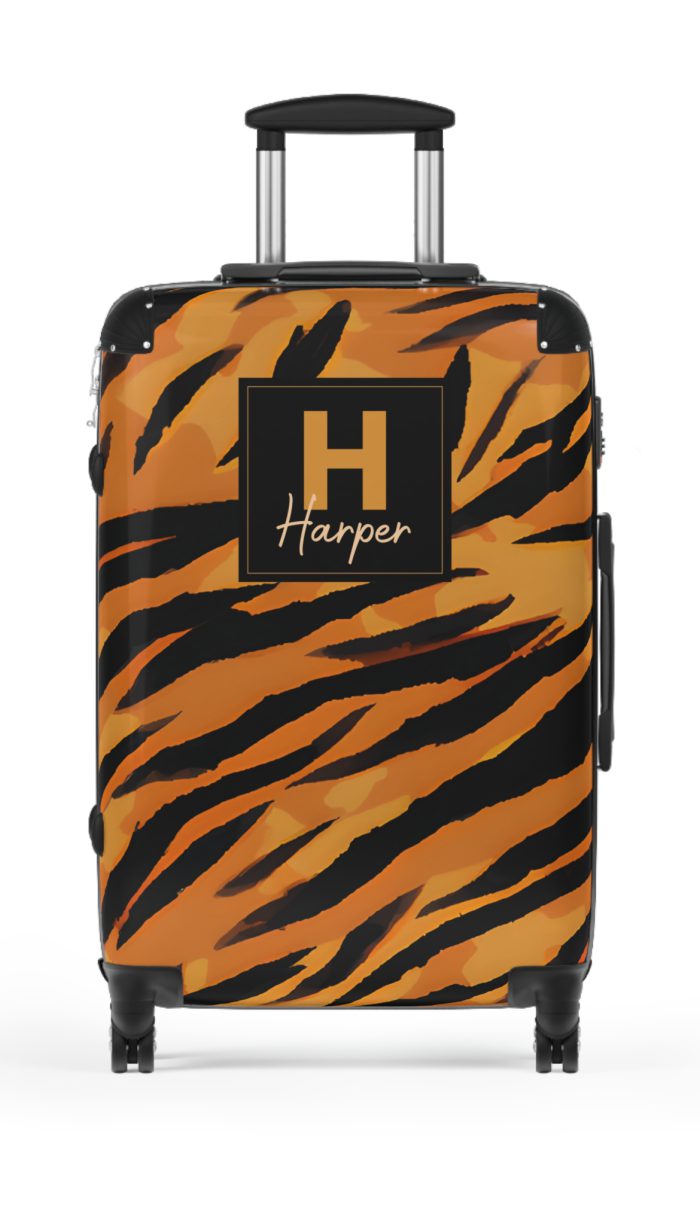 Tiger Print Custom Suitcase - Unleash personalized style with a unique and wild tiger print design for a sophisticated travel experience.