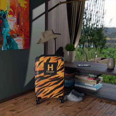 Tiger Print Custom Suitcase - Unleash personalized style with a unique and wild tiger print design for a sophisticated travel experience.