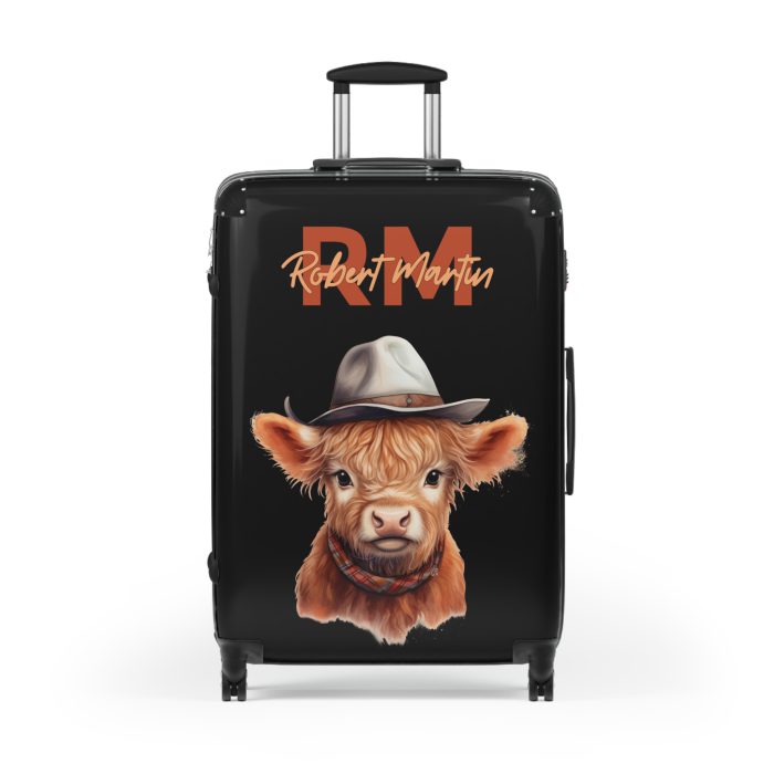 Custom Highland Cow Suitcase - A personalized luggage adorned with a unique cow-themed design, perfect for travelers who want to add a touch of individuality to their journeys.