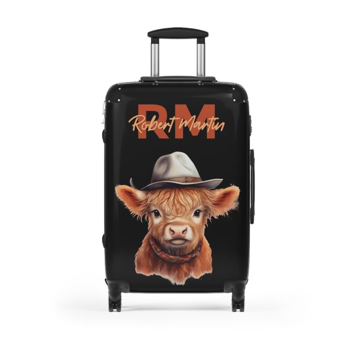 Custom Highland Cow Suitcase - A personalized luggage adorned with a unique cow-themed design, perfect for travelers who want to add a touch of individuality to their journeys.