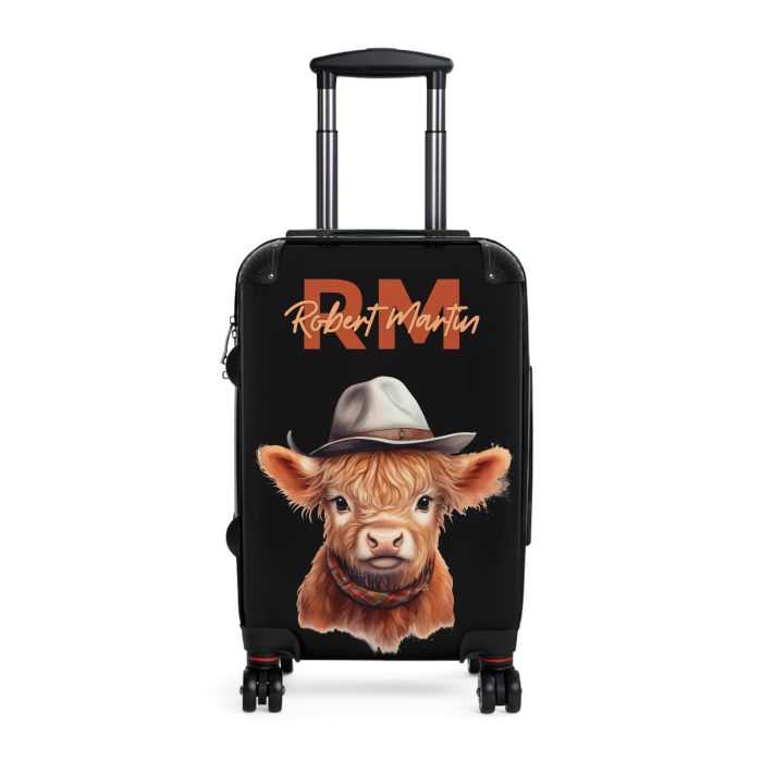 Custom Highland Cow Suitcase - A personalized luggage adorned with a unique cow-themed design, perfect for travelers who want to add a touch of individuality to their journeys.