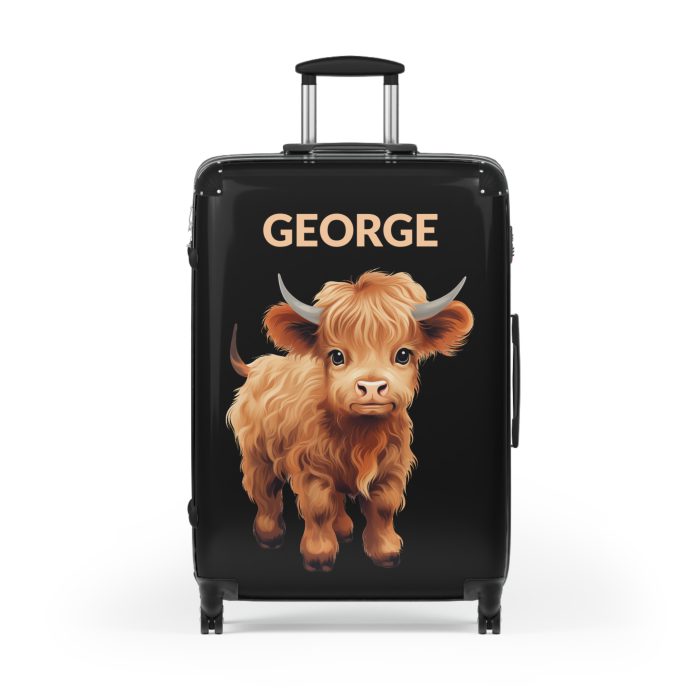 Custom Highland Cow Suitcase - A personalized luggage adorned with a unique cow-themed design, perfect for travelers who want to add a touch of individuality to their journeys.