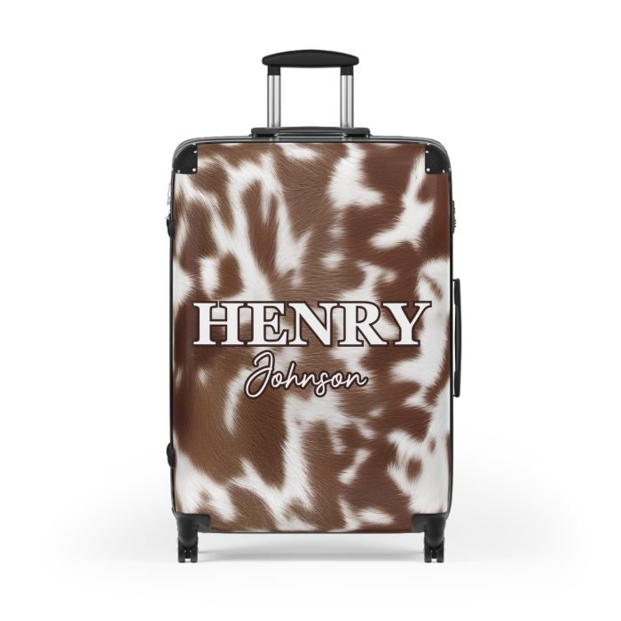 Custom Cowhide Suitcase - A personalized luggage adorned with a unique design, perfect for travelers who want to add a touch of individuality to their journeys.