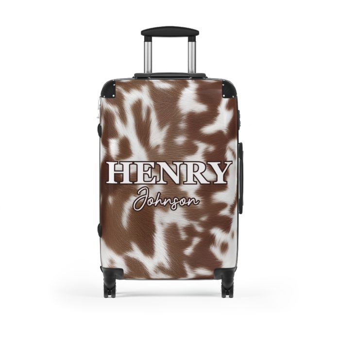 Custom Cowhide Suitcase - A personalized luggage adorned with a unique design, perfect for travelers who want to add a touch of individuality to their journeys.