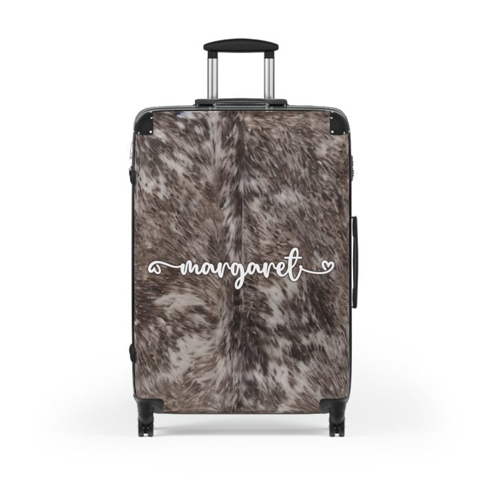 Custom Cowhide Suitcase - A personalized luggage adorned with a unique design, perfect for travelers who want to add a touch of individuality to their journeys.