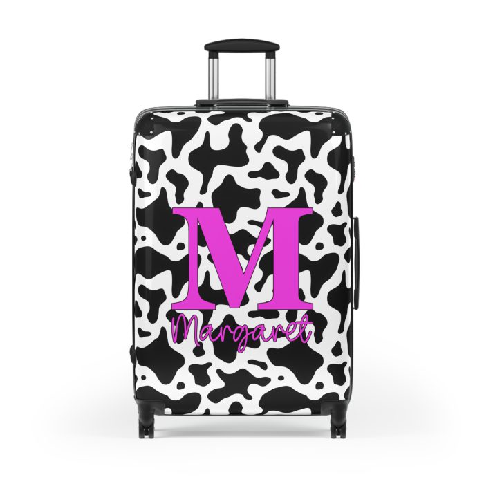 Custom Cow Print Suitcase - A personalized luggage adorned with a unique cow print design, perfect for travelers who want to add a touch of individuality to their journeys.