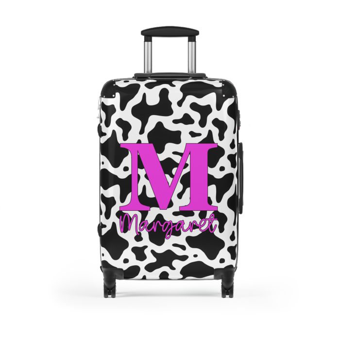 Custom Cow Print Suitcase - A personalized luggage adorned with a unique cow print design, perfect for travelers who want to add a touch of individuality to their journeys.