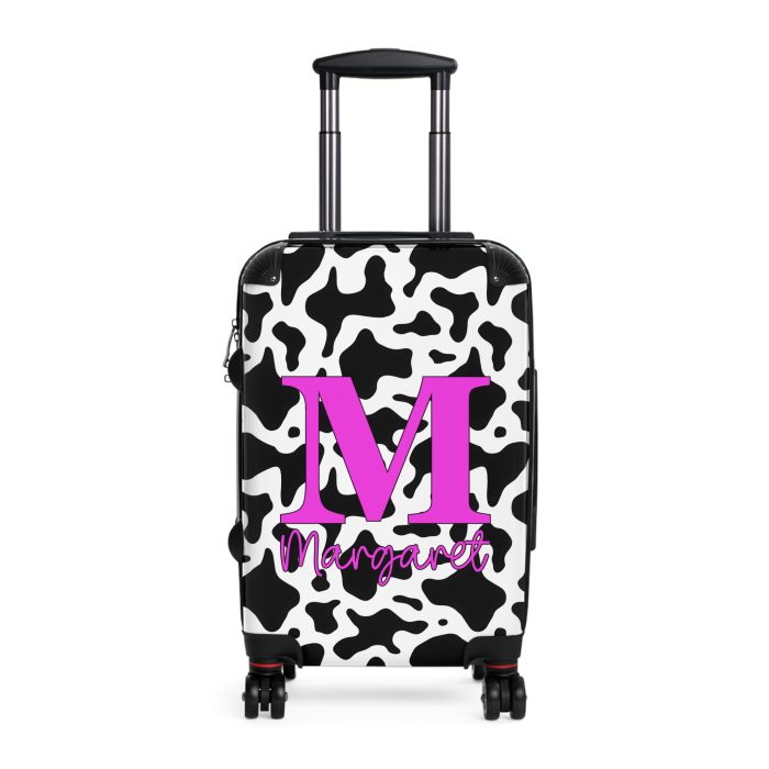 Custom Cow Print Suitcase - A personalized luggage adorned with a unique cow print design, perfect for travelers who want to add a touch of individuality to their journeys.