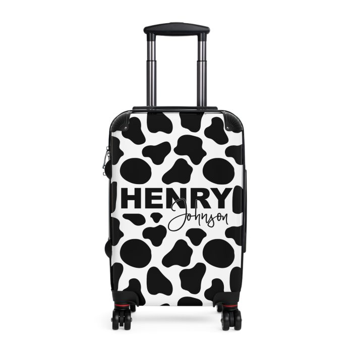 Custom Cow Print Suitcase - A personalized luggage adorned with a unique cow print design, perfect for travelers who want to add a touch of individuality to their journeys.