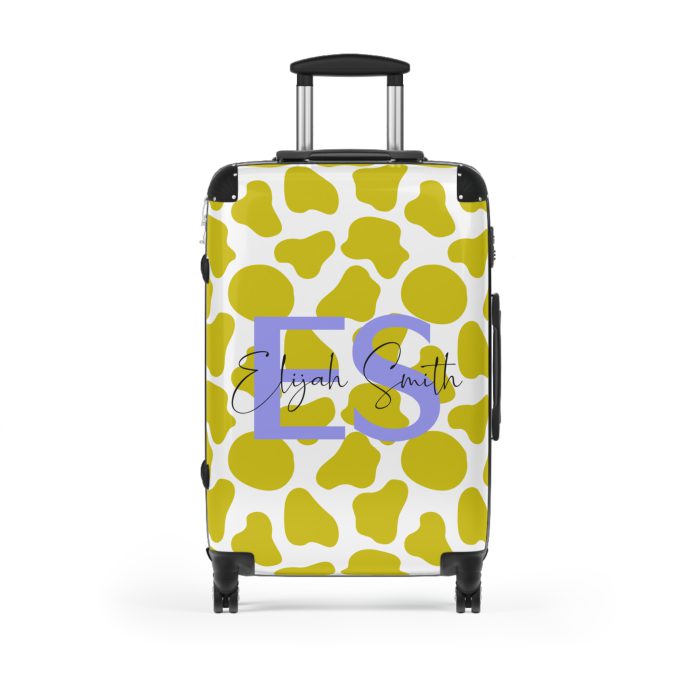 Custom Cow Print Suitcase - A personalized luggage adorned with a unique cow print design, perfect for travelers who want to add a touch of individuality to their journeys.