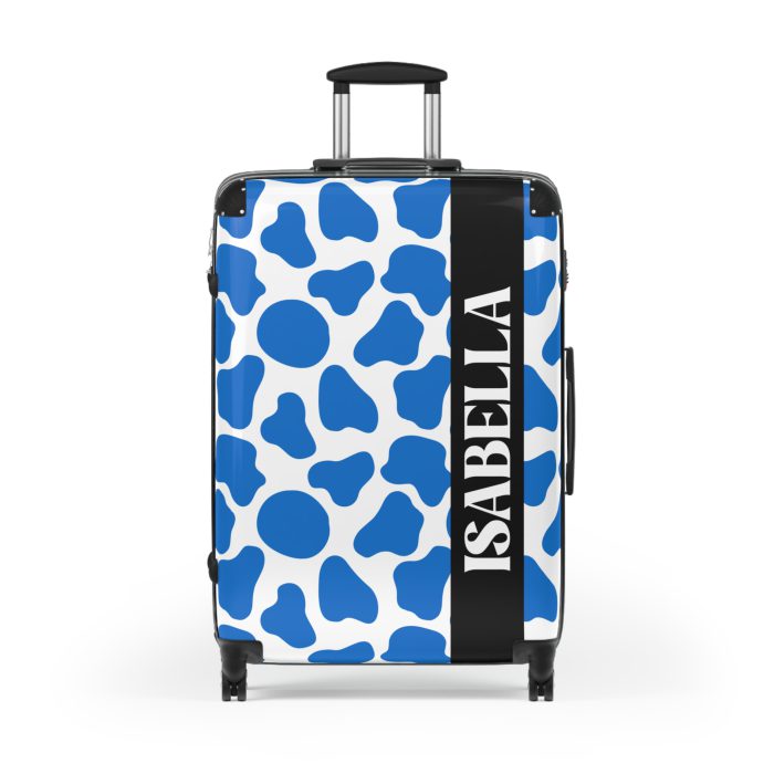 Custom Cow Print Suitcase - A personalized luggage adorned with a unique cow print design, perfect for travelers who want to add a touch of individuality to their journeys.