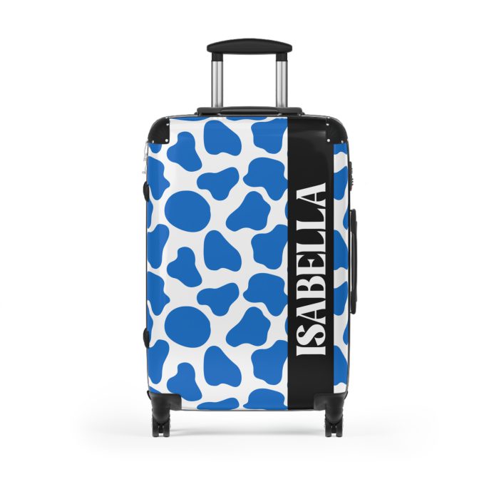 Custom Cow Print Suitcase - A personalized luggage adorned with a unique cow print design, perfect for travelers who want to add a touch of individuality to their journeys.