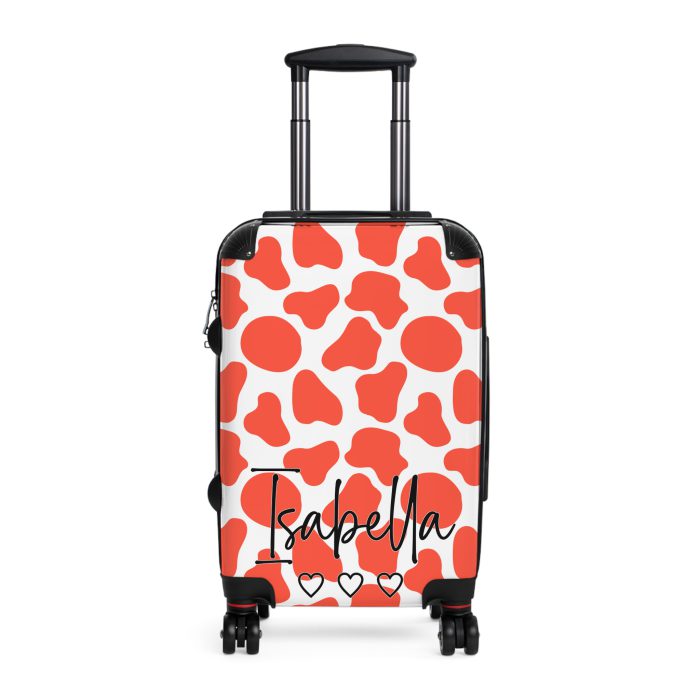 Custom Cow Print Suitcase - A personalized luggage adorned with a unique cow print design, perfect for travelers who want to add a touch of individuality to their journeys.