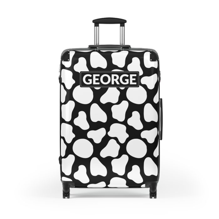 Custom Cow Print Suitcase - A personalized luggage adorned with a unique cow print design, perfect for travelers who want to add a touch of individuality to their journeys.