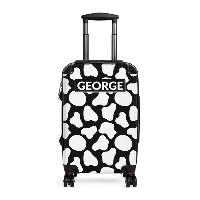 Custom Cow Print Suitcase - A personalized luggage adorned with a unique cow print design, perfect for travelers who want to add a touch of individuality to their journeys.