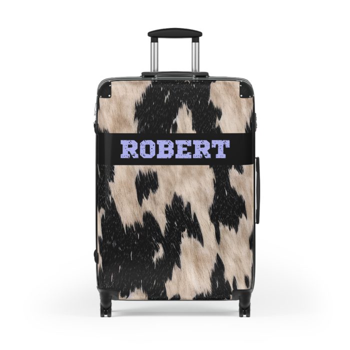 Custom Cowhide Suitcase - A personalized luggage adorned with a unique design, perfect for travelers who want to add a touch of individuality to their journeys.