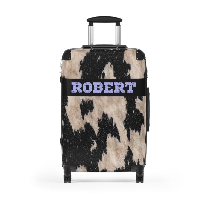 Custom Cowhide Suitcase - A personalized luggage adorned with a unique design, perfect for travelers who want to add a touch of individuality to their journeys.