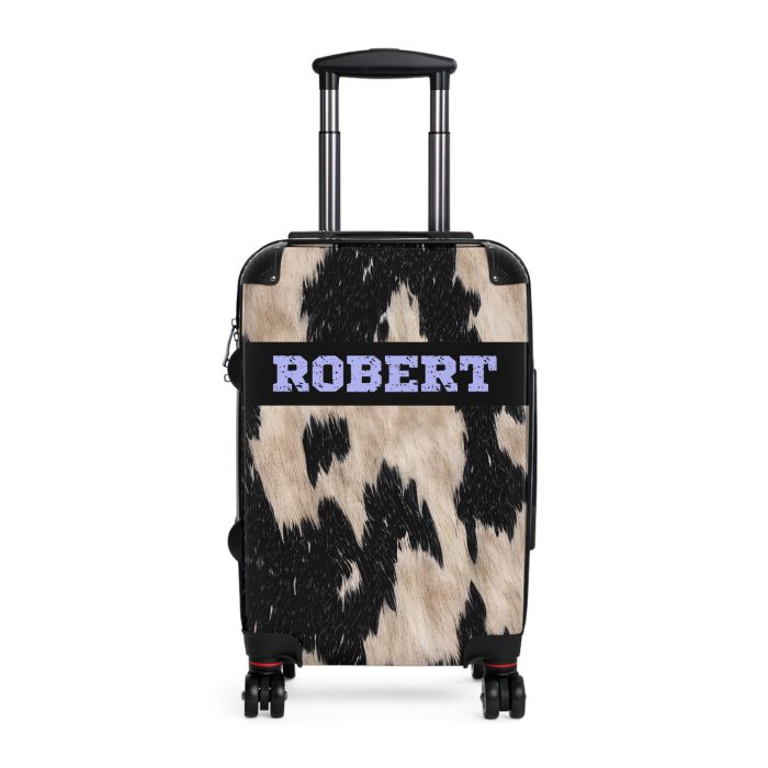 Custom Cowhide Suitcase - A personalized luggage adorned with a unique design, perfect for travelers who want to add a touch of individuality to their journeys.