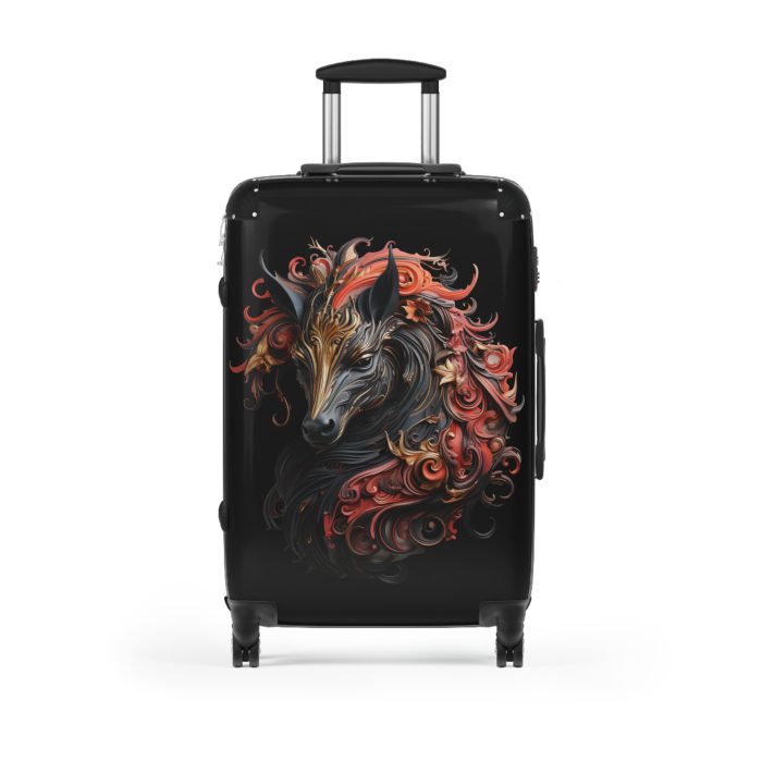 Elegant gothic black horse suitcase, a timeless and stylish travel essential. Crafted for durability and sophistication, it's the perfect travel companion for the discerning adventurer.