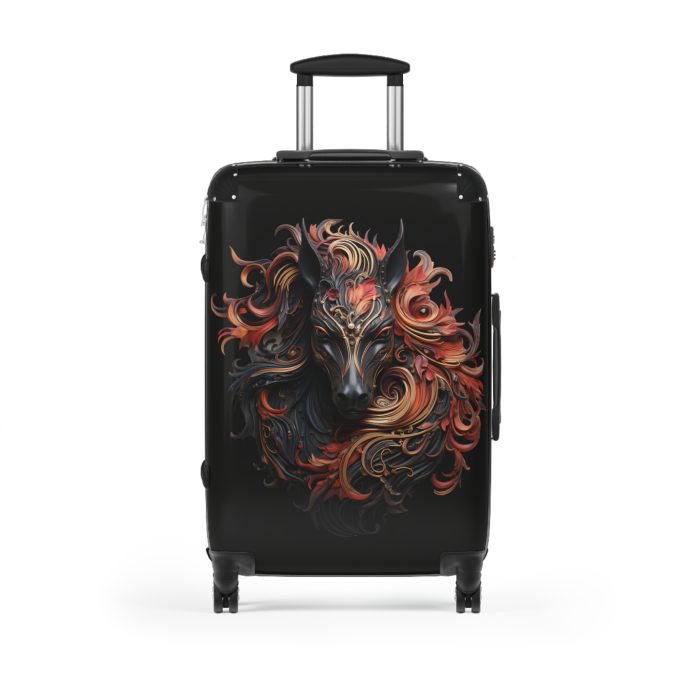 Elegant gothic black horse suitcase, a timeless and stylish travel essential. Crafted for durability and sophistication, it's the perfect travel companion for the discerning adventurer.