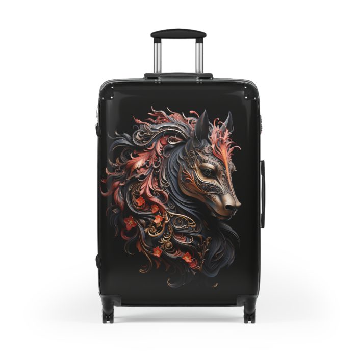 Elegant gothic black horse suitcase, a timeless and stylish travel essential. Crafted for durability and sophistication, it's the perfect travel companion for the discerning adventurer.