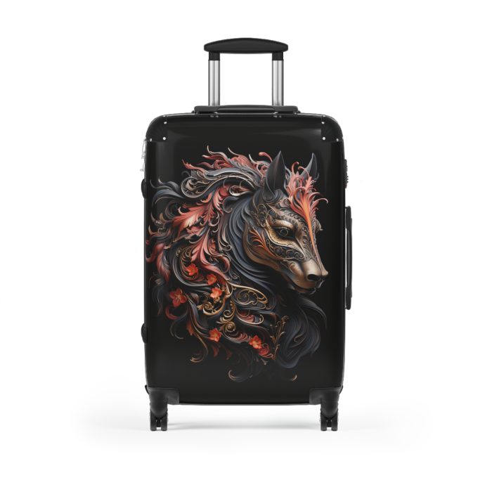 Elegant gothic black horse suitcase, a timeless and stylish travel essential. Crafted for durability and sophistication, it's the perfect travel companion for the discerning adventurer.