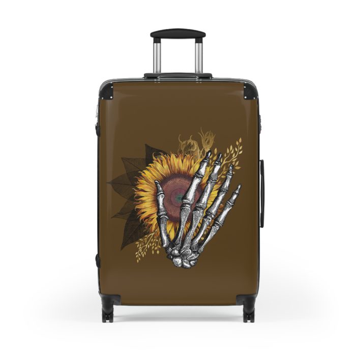 Sunflower Skull Suitcase - A trendy and edgy travel accessory featuring a stylish blend of skulls and sunflowers.