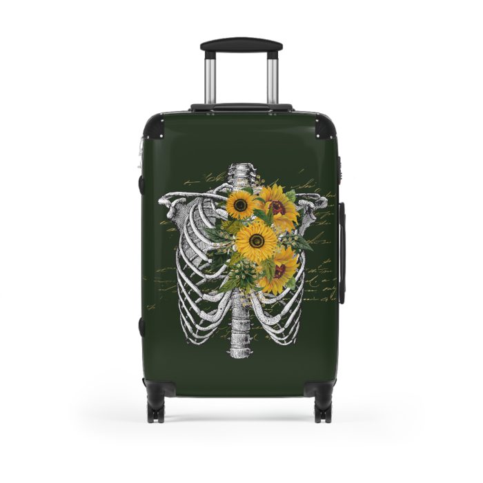 Sunflower Skull Suitcase - A trendy and edgy travel accessory featuring a stylish blend of skulls and sunflowers.