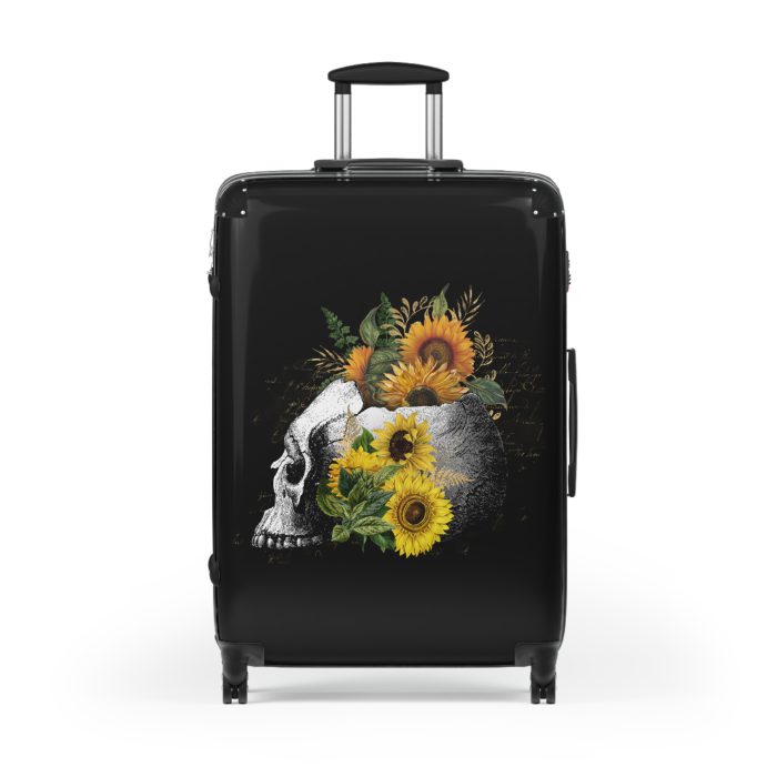 Sunflower Skull Suitcase - A trendy and edgy travel accessory featuring a stylish blend of skulls and sunflowers.