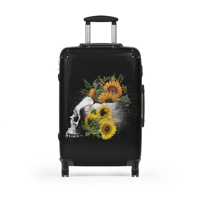 Sunflower Skull Suitcase - A trendy and edgy travel accessory featuring a stylish blend of skulls and sunflowers.