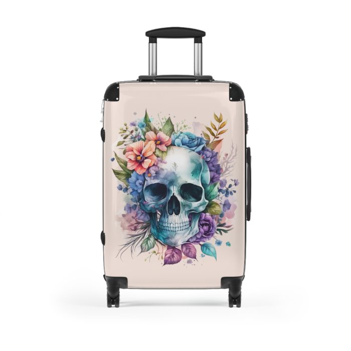 Floral Skull Suitcase - A captivating travel companion featuring an exquisite blend of florals and skulls for a unique and stylish look.