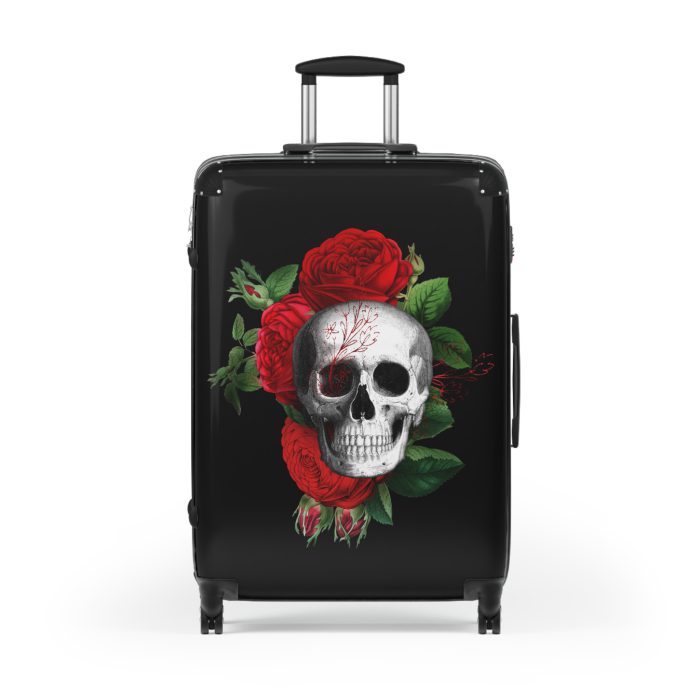 Red Floral Skull Suitcase - A striking travel companion featuring a vibrant red floral pattern intertwined with bold skull for a daring and stylish look.