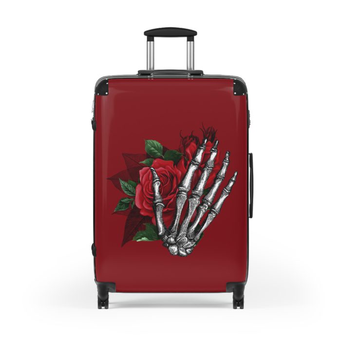 Red Floral Skull Suitcase - A striking travel companion featuring a vibrant red floral pattern intertwined with bold skull for a daring and stylish look.