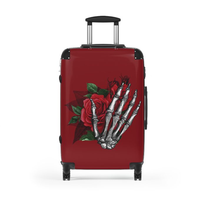 Red Floral Skull Suitcase - A striking travel companion featuring a vibrant red floral pattern intertwined with bold skull for a daring and stylish look.