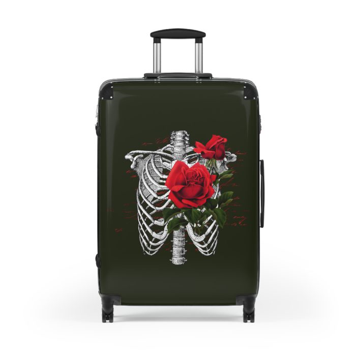 Red Floral Skull Suitcase - A striking travel companion featuring a vibrant red floral pattern intertwined with bold skull for a daring and stylish look.