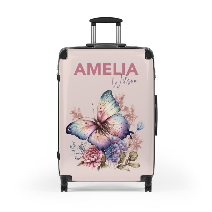 Custom Pink Butterfly Suitcase - Stylish luggage with a vibrant pink butterfly design for the fashion-forward traveler.