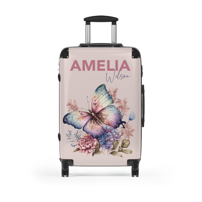 Custom Pink Butterfly Suitcase - Stylish luggage with a vibrant pink butterfly design for the fashion-forward traveler.