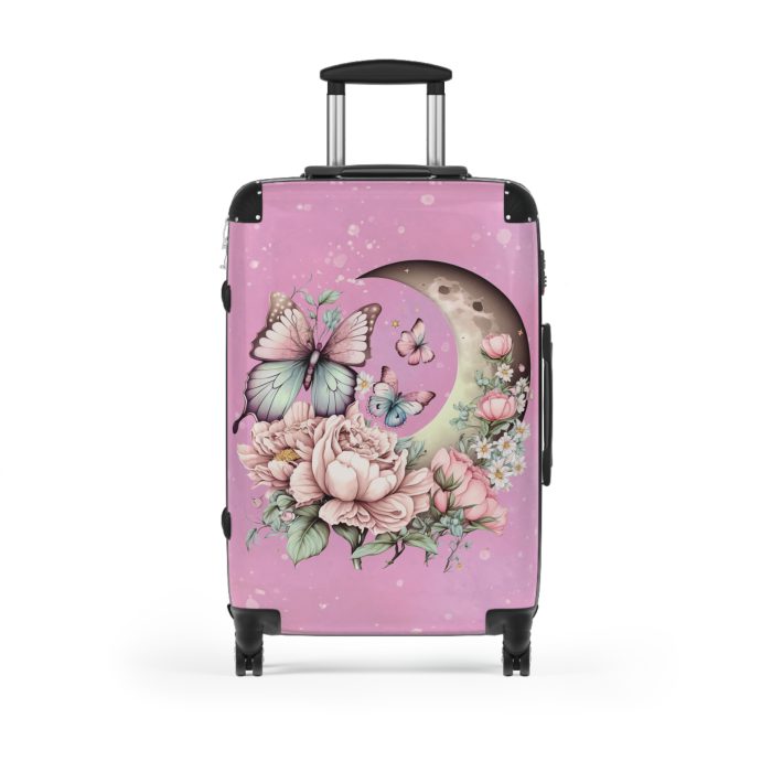 Flower Moon Butterfly Suitcase - A celestial masterpiece adorned with flowers and butterflies, perfect for wanderers under the moonlit sky.