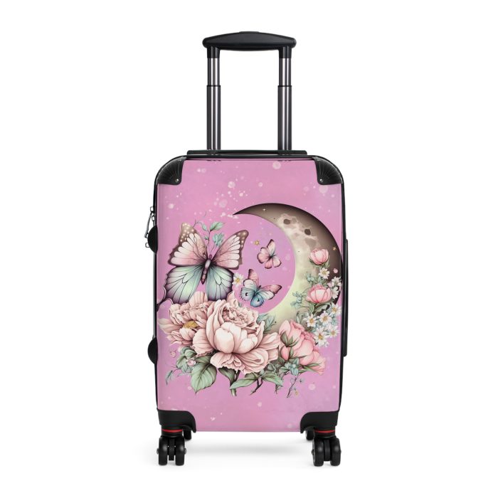 Flower Moon Butterfly Suitcase - A celestial masterpiece adorned with flowers and butterflies, perfect for wanderers under the moonlit sky.