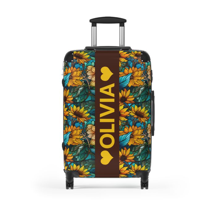 Custom Sunflower Suitcase - A personalized luggage adorned with a bright sunflower design, perfect for travelers who want to add a touch of cheer to their journeys.