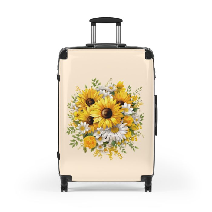 Floral sunflower daisy suitcase, a stylish and enduring travel companion. Crafted with vibrant sunflower and daisy designs, it's the perfect luggage for those who seek elegance on the go.