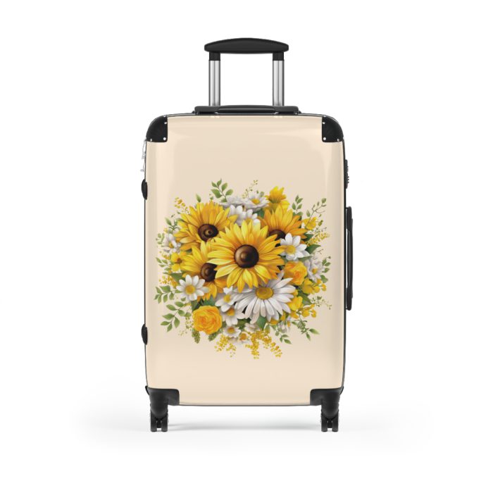 Floral sunflower daisy suitcase, a stylish and enduring travel companion. Crafted with vibrant sunflower and daisy designs, it's the perfect luggage for those who seek elegance on the go.