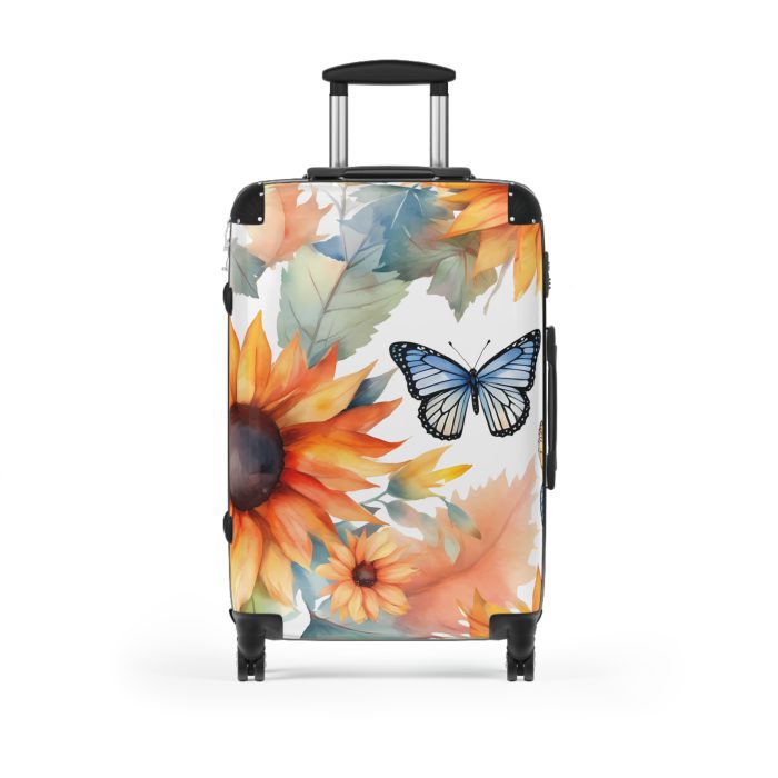 Butterfly Sunflower Suitcase - A luggage adorned with a bright sunflower and butterfly design, perfect for travelers who want to bring a touch of nature and cheer to their journeys.