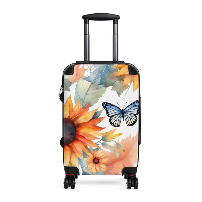 Butterfly Sunflower Suitcase - A luggage adorned with a bright sunflower and butterfly design, perfect for travelers who want to bring a touch of nature and cheer to their journeys.