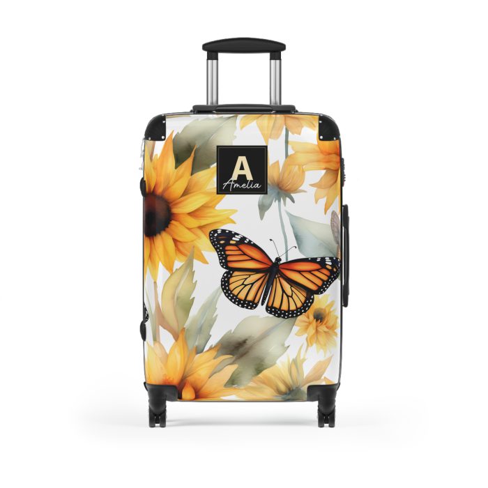 Custom Butterfly Sunflower Suitcase - A personalized luggage adorned with a unique butterfly and sunflower design, perfect for travelers who want to add a touch of nature and vibrancy to their journeys.