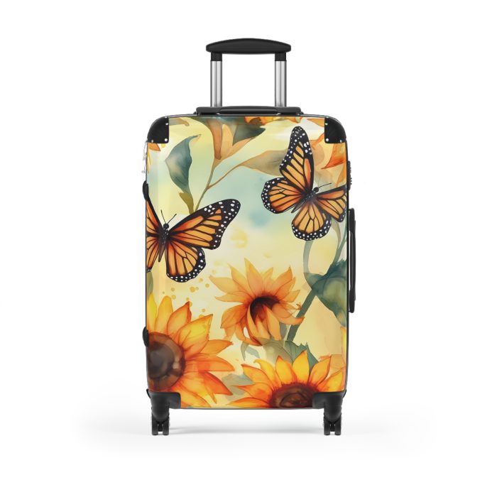 Butterfly Sunflower Suitcase - A luggage adorned with a bright sunflower and butterfly design, perfect for travelers who want to bring a touch of nature and cheer to their journeys.