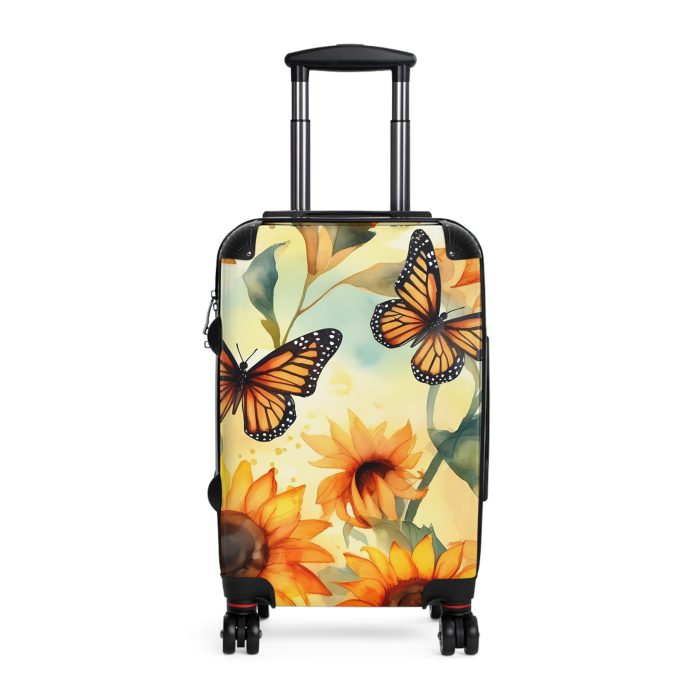 Butterfly Sunflower Suitcase - A luggage adorned with a bright sunflower and butterfly design, perfect for travelers who want to bring a touch of nature and cheer to their journeys.